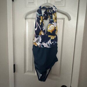 Cupshe Dark Teal Blue Yellow White Floral One Piece Swimsuit Size M Medium New